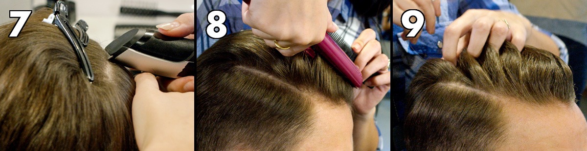 Trim the edge, straighten the hair and apply wax and pomade