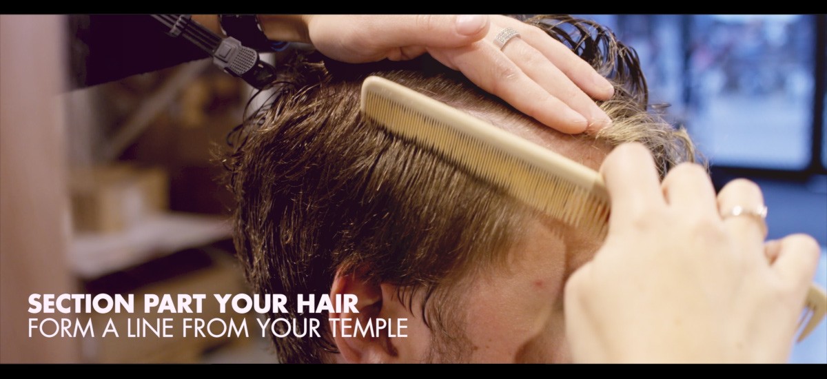 Part the hair into sections, form a line from the temple