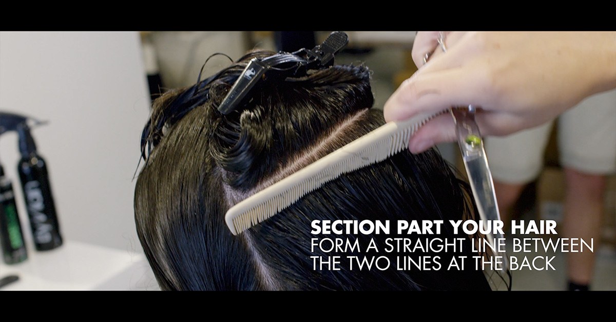 Section part your hair form a straight line between the two lines at the back