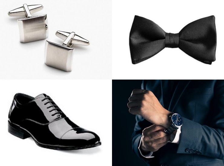 cufflinks, bow tie, black oxfords and wrist watch