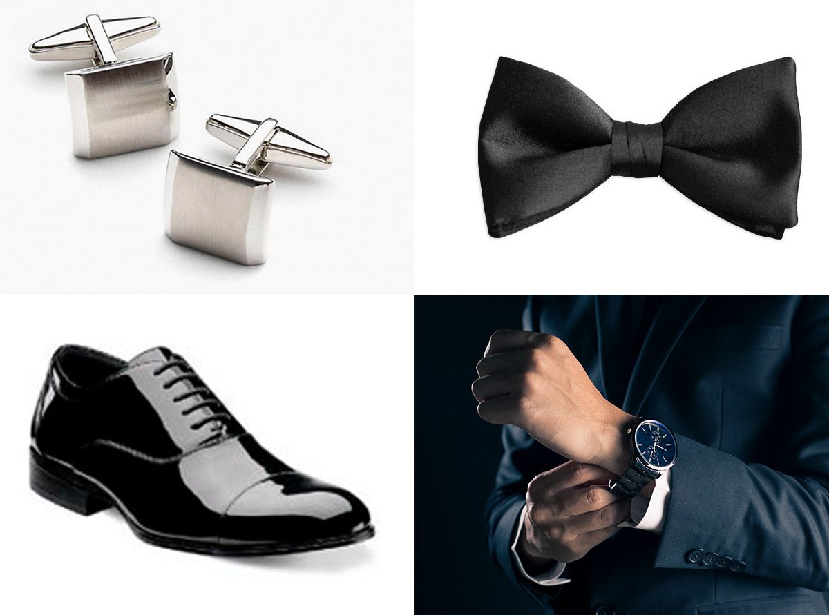 Cufflinks, bow tie, black patent shoes and watch