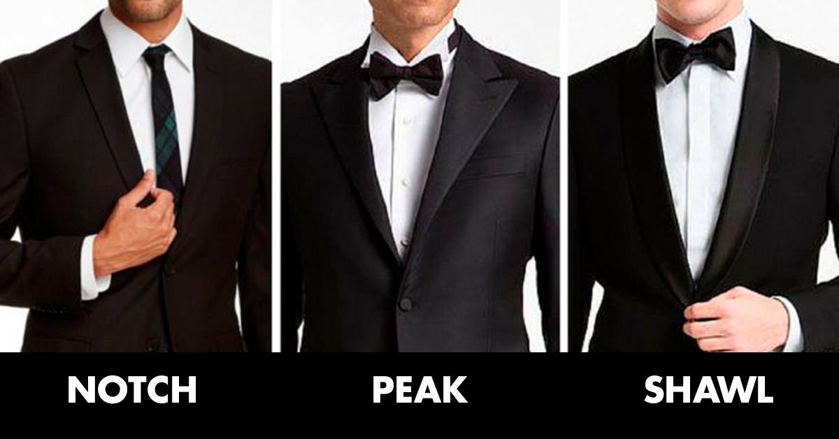 Notch lapel, peak lapel and shawl lapel