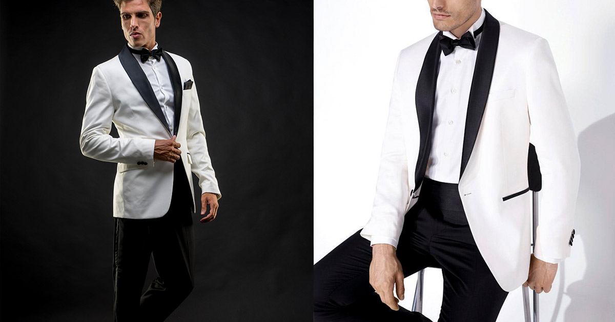 Stylish white tuxedo paired with black bow tie and black trousers